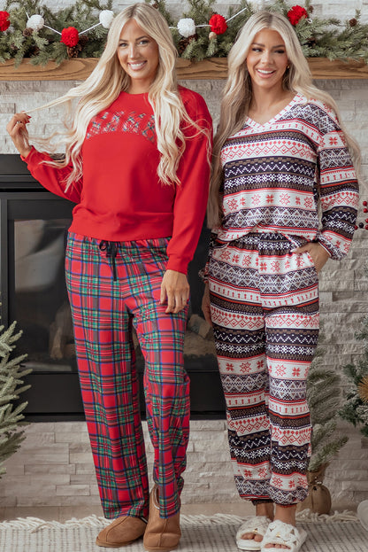 Red Plaid Mama Graphic Christmas Holiday Crewneck Pullover and Pants Two Piece Lounge Set