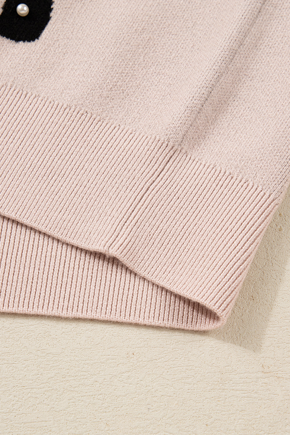 Smoke Gray Pearl Embellished Bow Pattern Loose Sweater