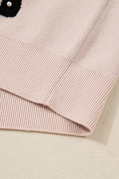 Smoke Gray Pearl Embellished Bow Pattern Loose Sweater