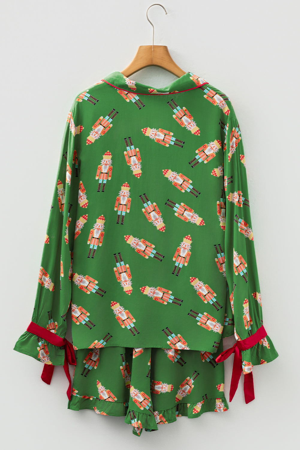 Green Christmas Candy Contrast Trim Bow Knot Silky 2pcs Pajama Set