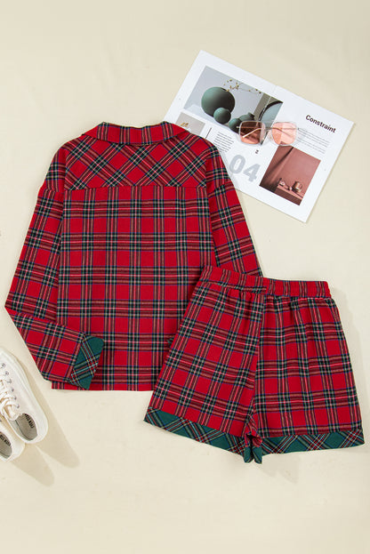 Red Plaid Contrast Patched Christmas Holiday Long Sleeve Shirt and Short 2pcs Pajama Set