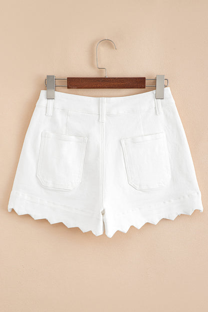 White Scalloped Hemline Acid Wash High Waist Denim Shorts