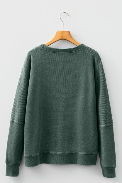 Mist Green Waffle Knit Patchwork Long Sleeve Loose Top