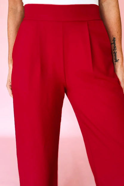 Fiery Red Pleated Detail Pull On High Elastic Waist Loose Straight Pants