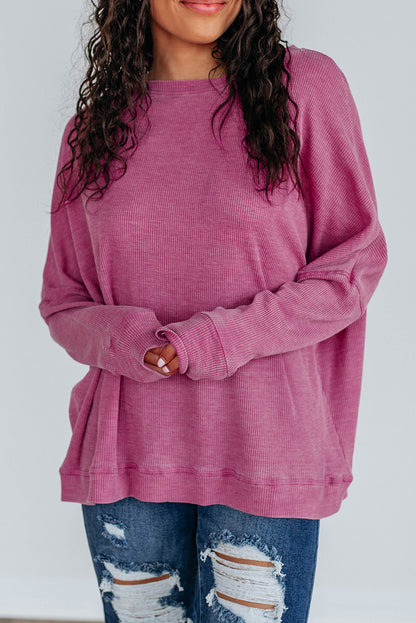 Bright Pink Waffle Knit Patchwork Long Sleeve Loose Top