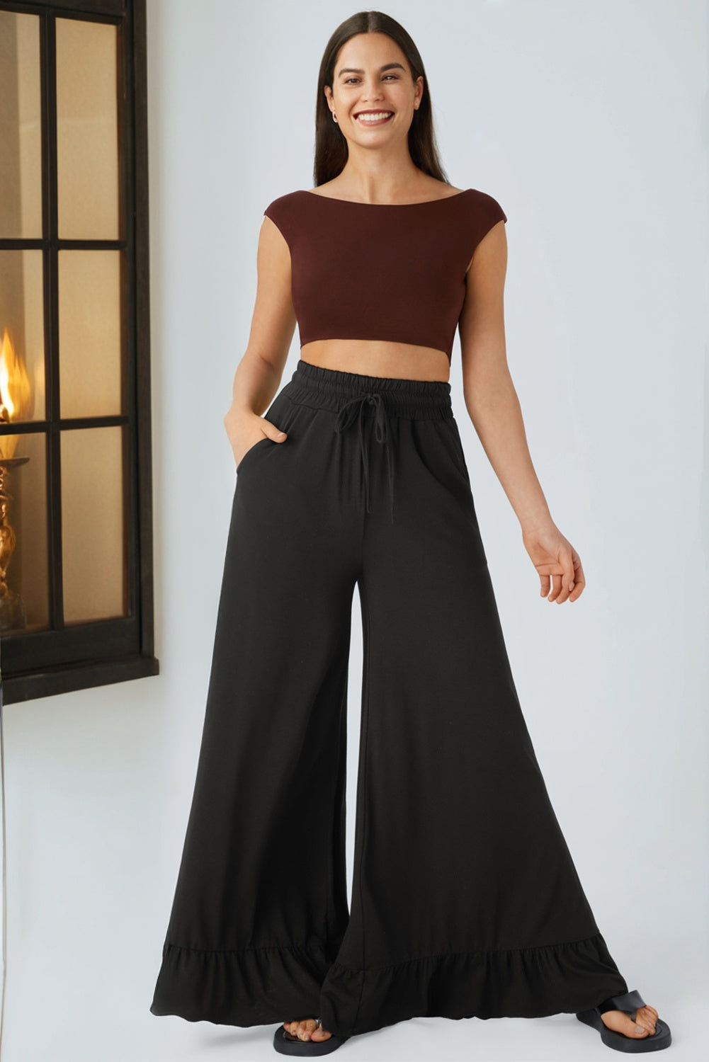 Black Ruffled Wide Leg Pull On High Waist Pants with Pockets