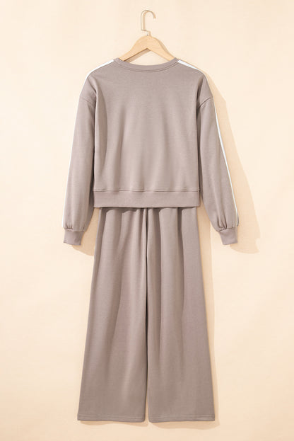 Gray Morn Varsity Striped Detail Crewneck Pullover Elastic Sweatpants 2pcs Outfit