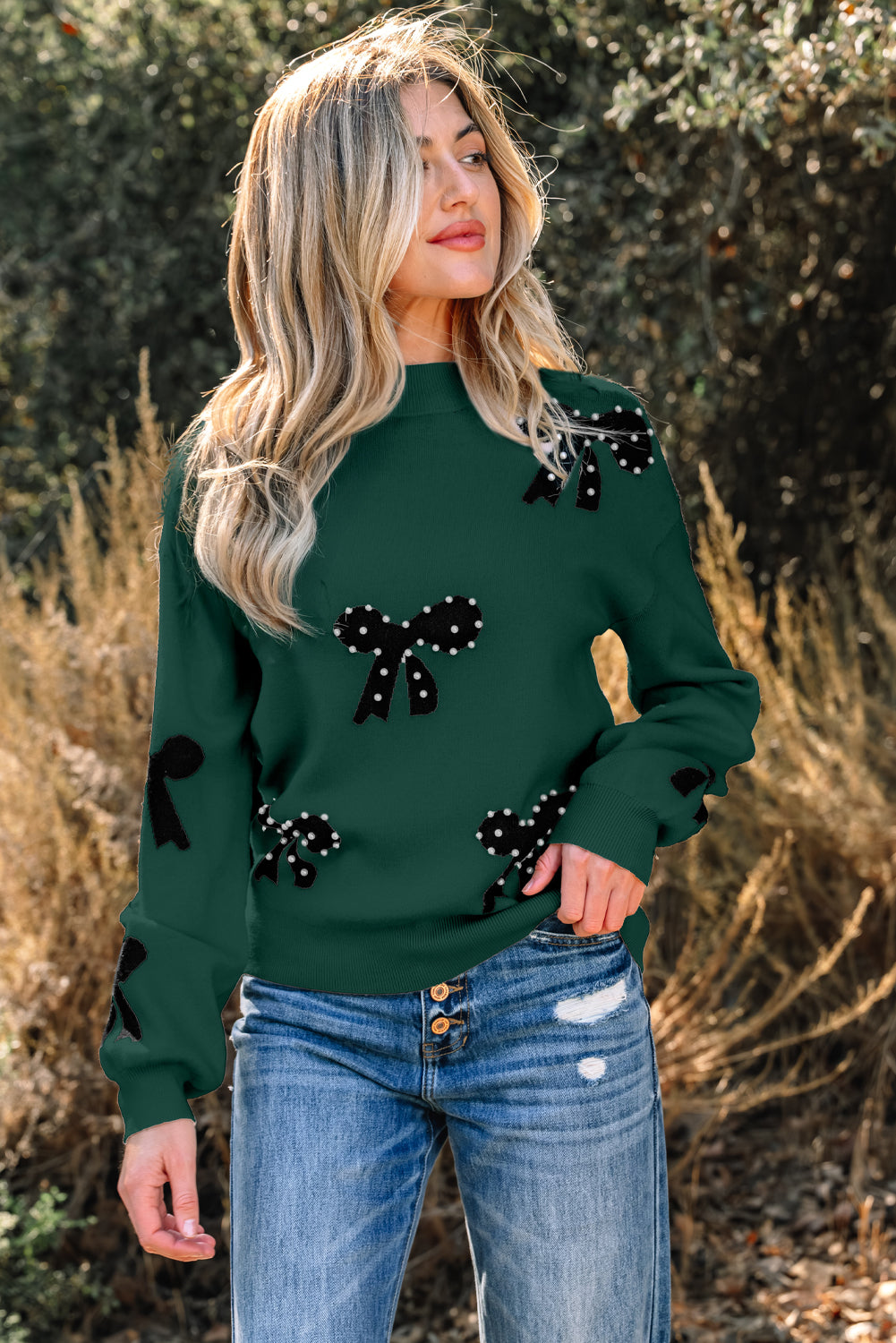 Blackish Green Pearl Embellished Bow Pattern Loose Sweater