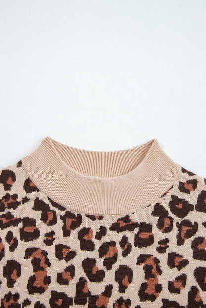 Khaki Leopard Print High Neck Shift Mini Sweater Dress