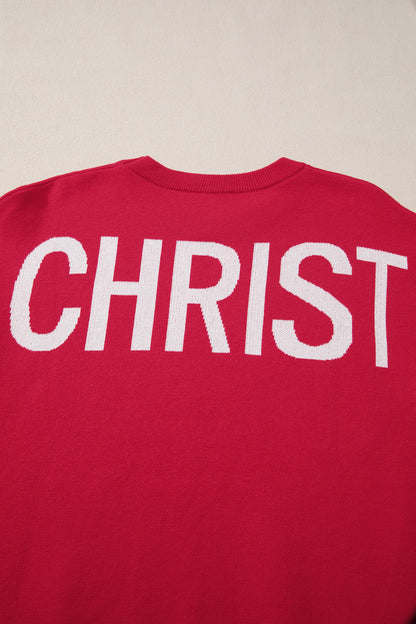 Fiery Red HO HO HO MERRY CHRISTMAS Drop Shoulder Loose Sweater