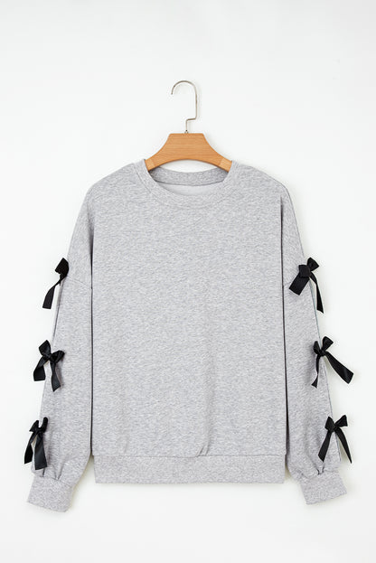 Light Grey Contrast Bow Applique Drop Sleeve Round Neck Sweatshirt