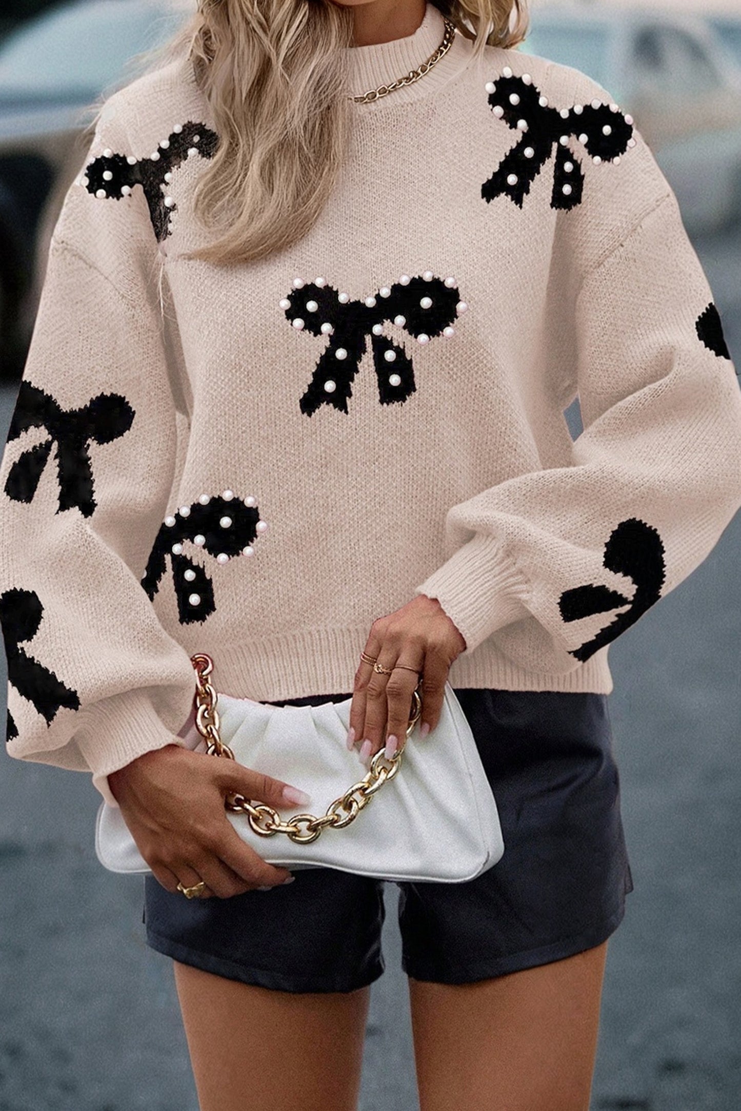 Smoke Gray Pearl Embellished Bow Pattern Loose Sweater