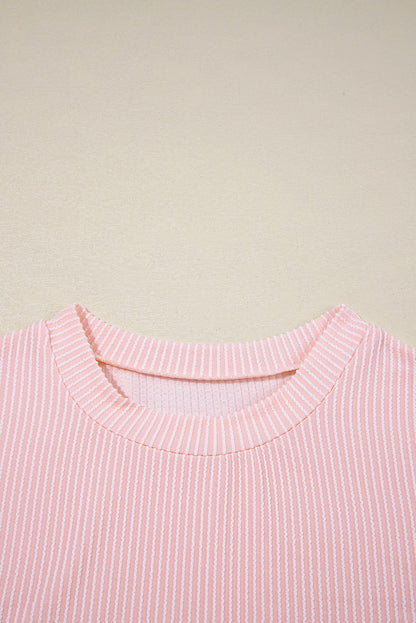 Pink Corded Knit Color Block Pocketed Crew Neck T Shirt