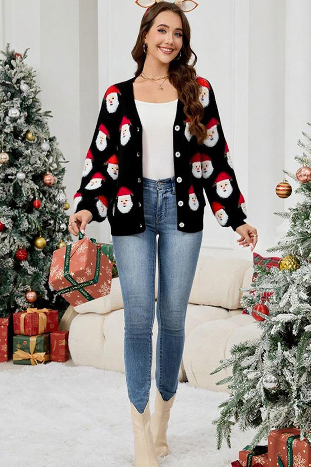 Black Christmas Santa Claus Pattern Button V Neck Sweater Cardigan