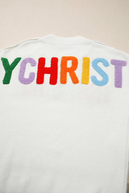 White HOHOHO MERRY CHRISTMAS Chenille Graphic Drop Shoulder Holiday Sweater