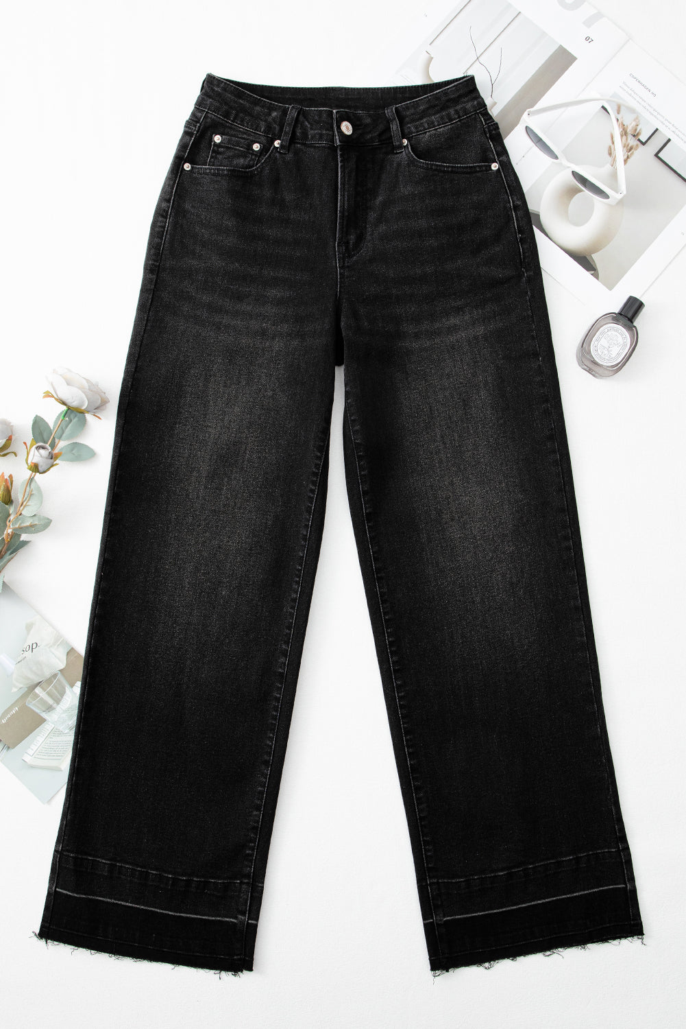 Black Raw Hem Unique Cuffs Straight High Rise Loose Jeans