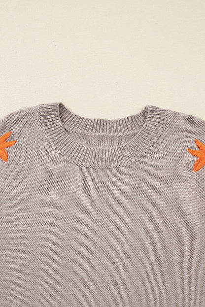 Simply Taupe Embroidered Floral Sleeve Round Neck Loose Sweater