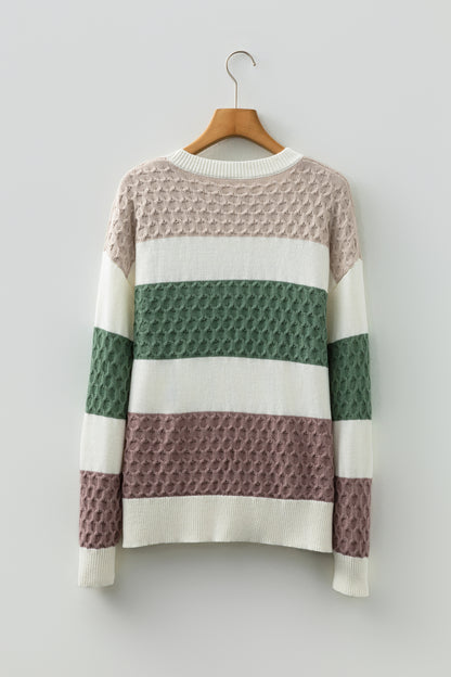 Green Mixed Texture Knit Striped Color Block Loose Sweater