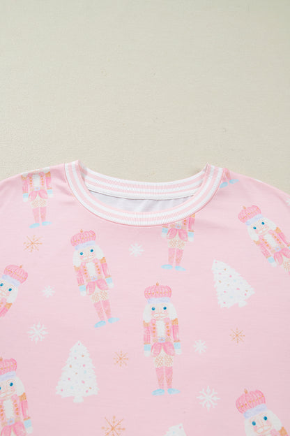 Pink Christmas Tree Nutcracker Doll Print Contrast Trim Long Sleeve Top Matching Shorts Set