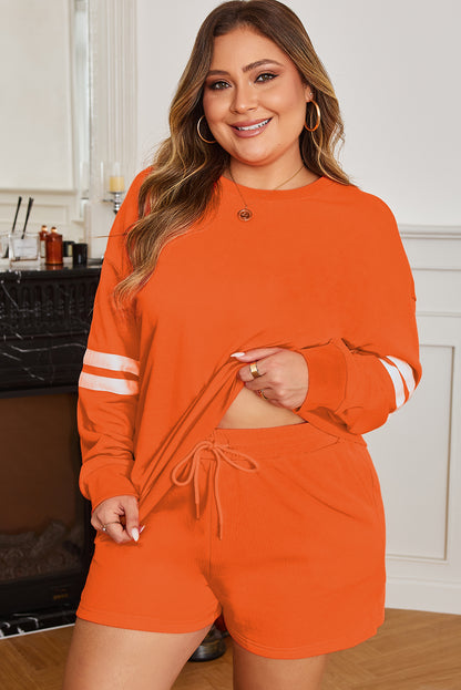 Orange Plus Size Varsity Striped Drop Shoulder Pullover Drawstring Elastic Waistband Short Set