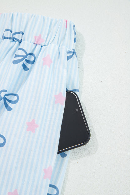 Sky Blue Stripe Bow Star Print Tied Detail 2pcs Lounge Set