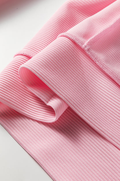 Pink Horizontal Ribbed Exposed Seam Detail Long Sleeve Top