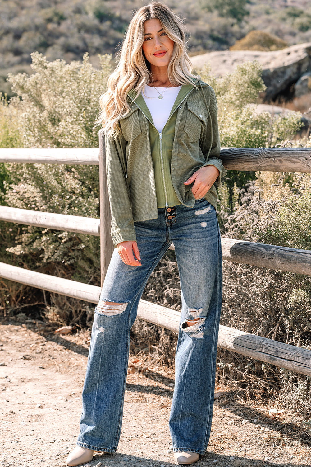 Laurel Green 2 in 1 Thermal Knit Textured Hooded Jacket