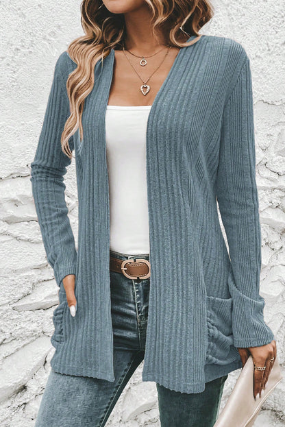Stone Blue Ribbed Open Front Knitted Top with Pockets