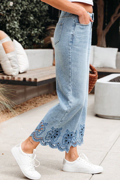 Dusk Blue Embroidered Cropped Wide Leg High Waist Jeans