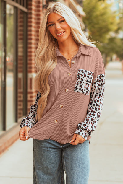 Dark Khaki Leopard Patched Twisted Ribbed Western Casual Shacket