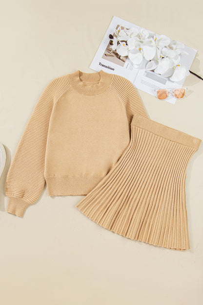 Smoke Gray High Neck Puff Sleeve Sweater Pleated Mini Skirt 2pcs Knitted Outfit