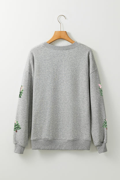 Gray Sequined Xmas Tree Patched Patterned Holiday Pullover Sweatshirt