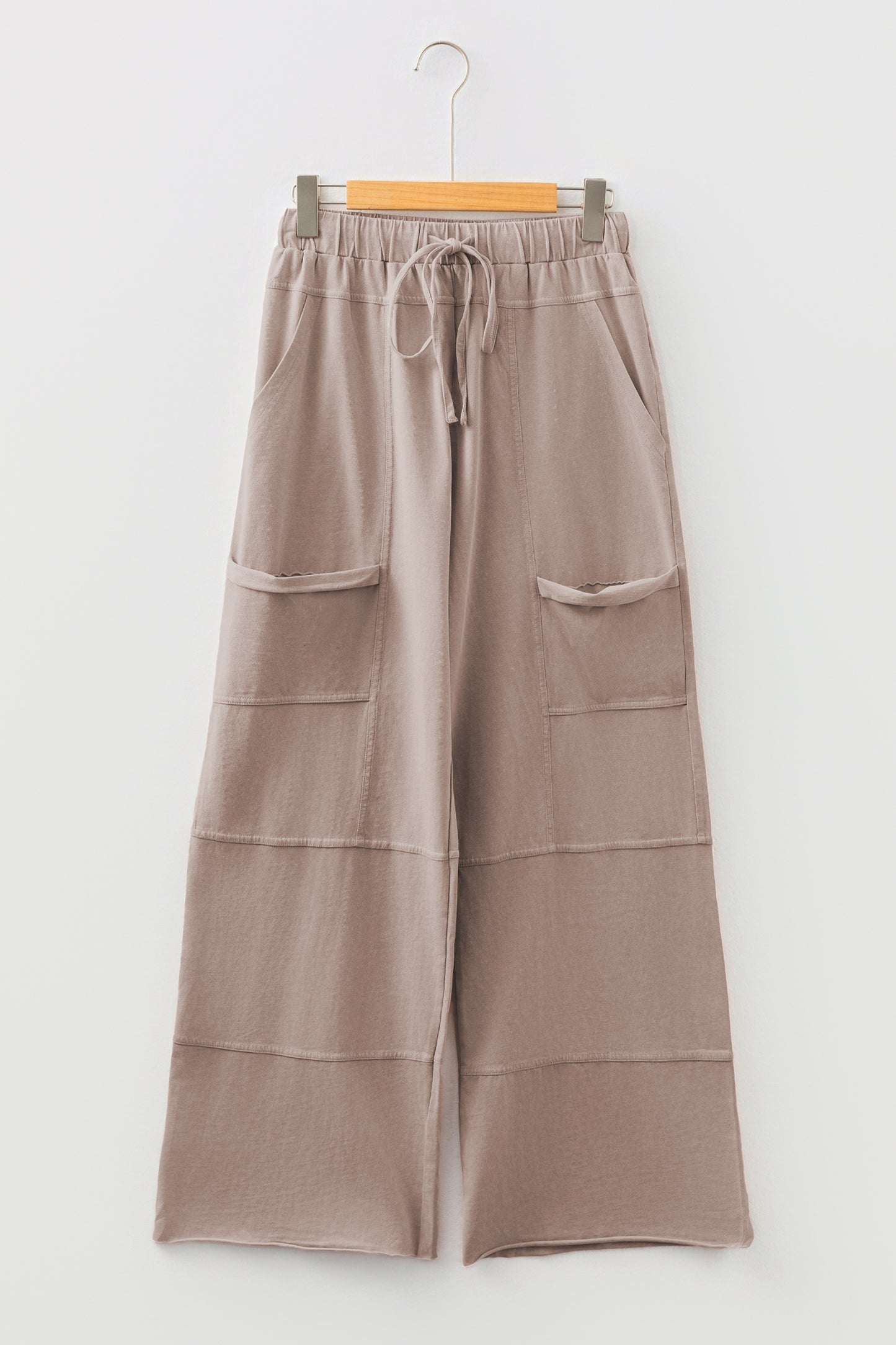 Smoke Gray Mineral Wash Exposed Seam Drawstring Elastic Waistband Wide Leg Cargo Pants
