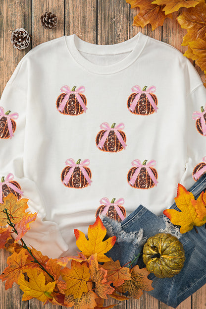 White Sequin Bow Pumpkin Patched Cotton Baggy Sweatshirt