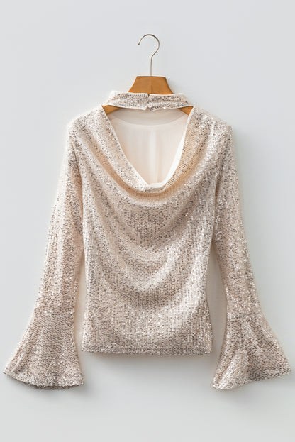 Jet Stream Sequin Mock Neck Drape Open Back Bell Sleeve Top