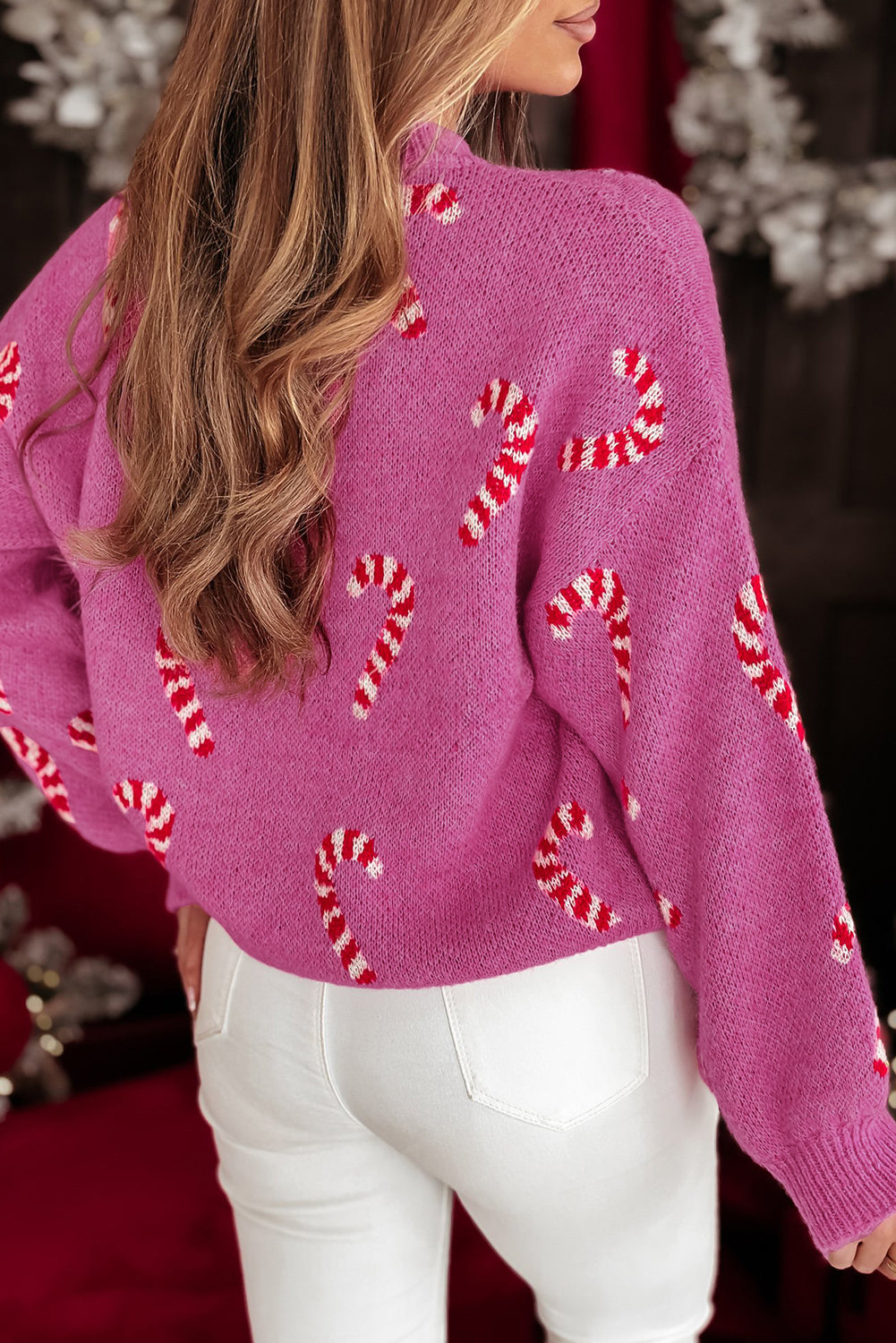Sachet Pink Christmas Candy Cane Holiday Drop Shoulder Sweater