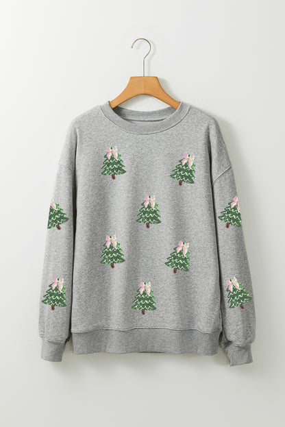 Gray Sequined Xmas Tree Patched Patterned Holiday Pullover Sweatshirt