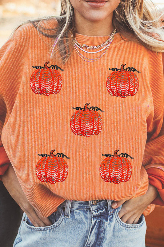 Orange Sequin Pumpkin Patched Twisted Rib Baggy Sweatshirt