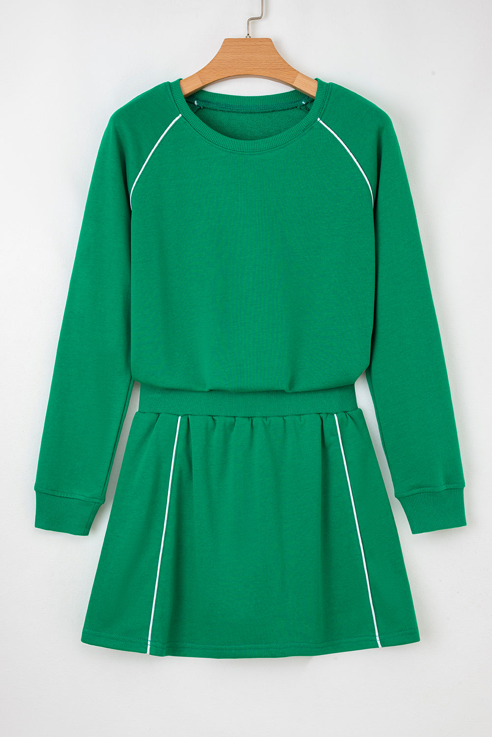 Dark Green Contrast Piping Crewneck Pullover Mini Skirt Set