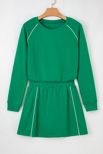 Dark Green Contrast Piping Crewneck Pullover Mini Skirt Set