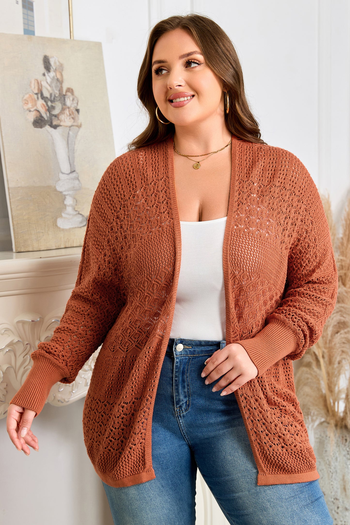 Redwood Burl Mixed Pattern Knitted Open Front Plus Cardigan