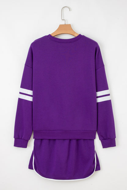 Tillandsia Purple Varsity Stripe Detail Drop Shoulder Pullover Mini Skirt Set