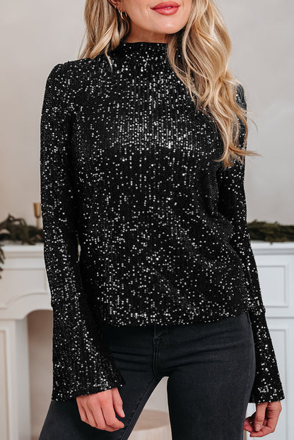 Black Sequin Mock Neck Drape Open Back Bell Sleeve Top