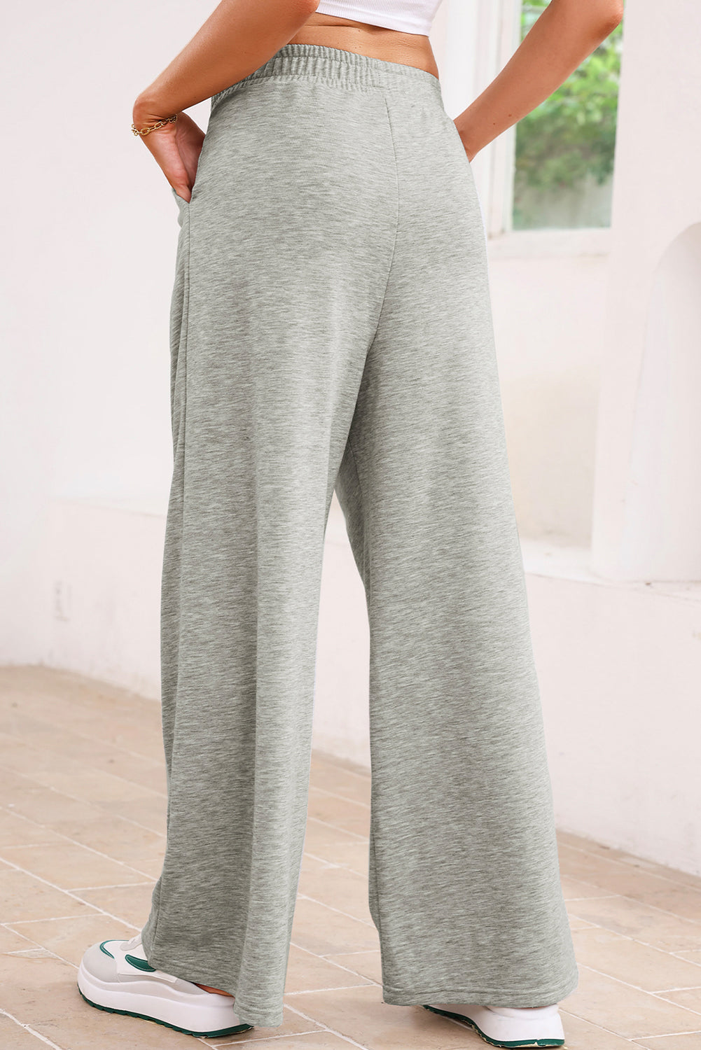 Gray Tied Elastic High Waist Pleated Detail Solid Sweatpants