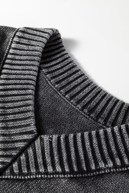 Black Mineral Wash V Neck Knit Exposed Seam Drop Shoulder Loose Sweater