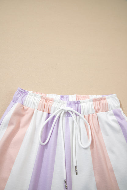 Purple Stripe Multicolored Print Drawstring Loose Pants with Side Pockets