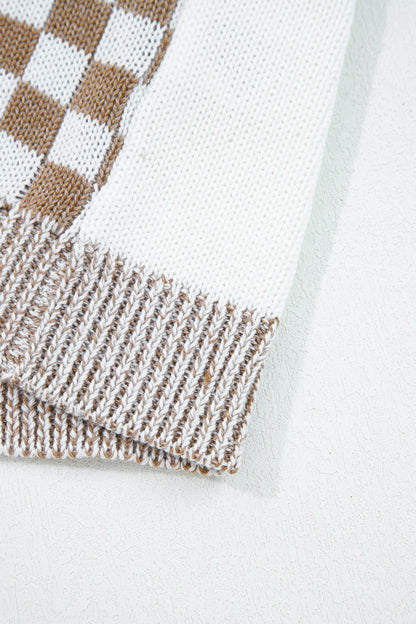 Brown Plus Size Checkered Bubble Sleeve Drop Shoulder Open Cardigan