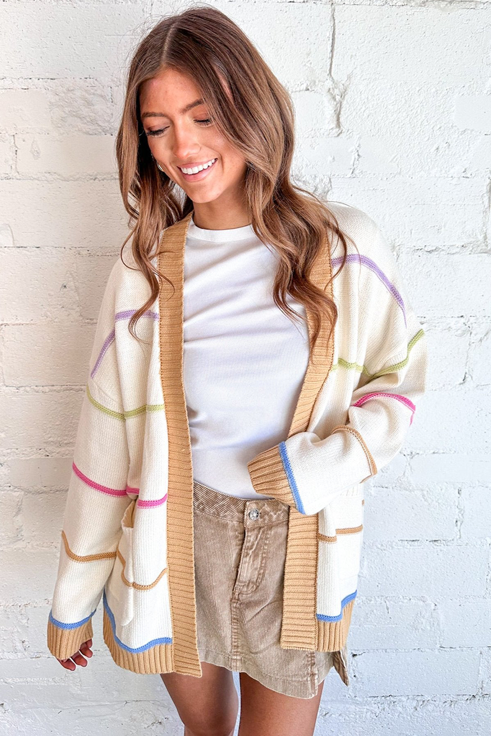 White Color Block Striped Open Front Cardigan With Pocket