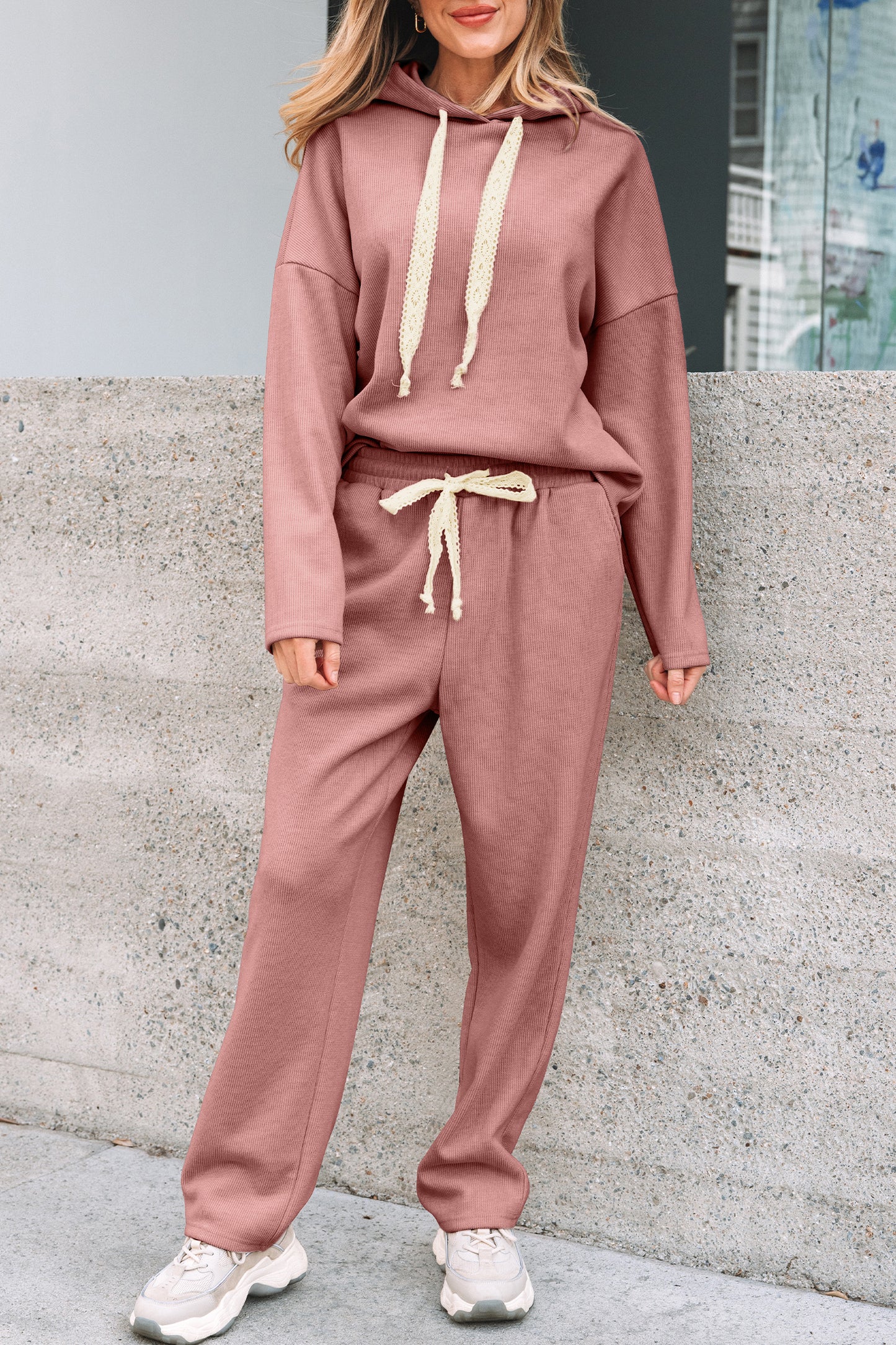 Rose Tan Lace Drawstring Pullover Hoodie and High Waist Pants Corduroy Suit