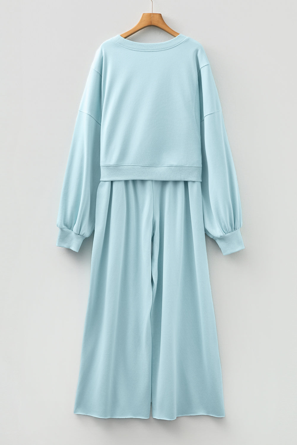 Mist Blue Drop Shoulder Puff Sleeve Crop Pullover Drawstring Wide Leg Pants Set